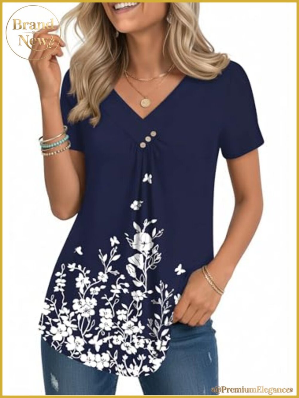 Women's V-Neck Short Sleeve Blouse with Pleats, Dressy Casual Summer Tunic Top